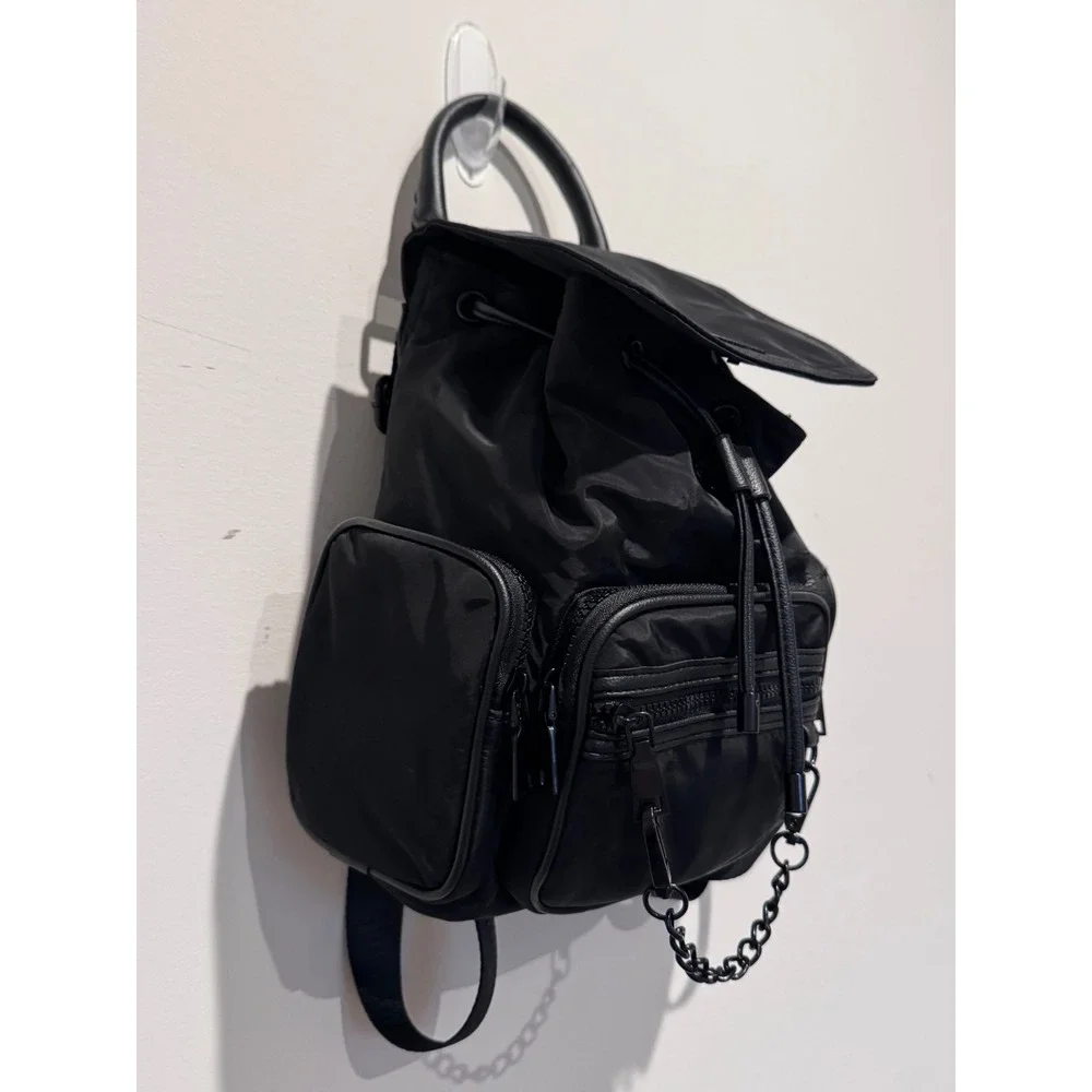 Madden NYC Black Nylon Mini Backpack with Chain Detail and Branded Straps